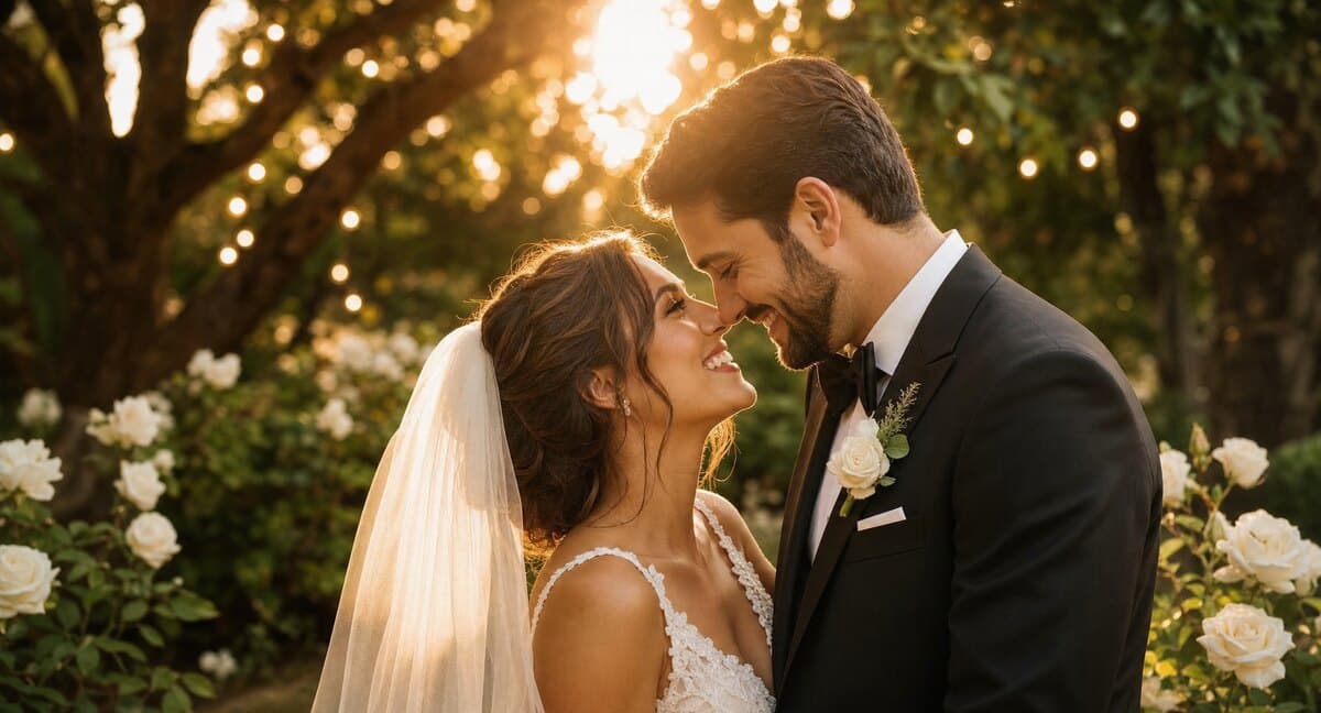 Parella celebrant el seu casament en un jardi amb llums decoratius - bodas.com